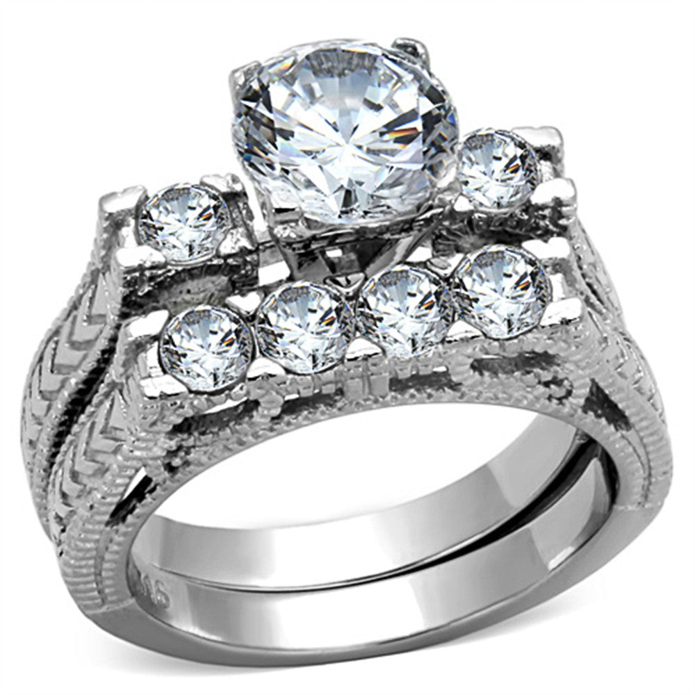 ARTK5X019 Stainless Steel 316 2.95 Ct Round Cut Zirconia Vintage Wedding Ring Set Sz 5-10
